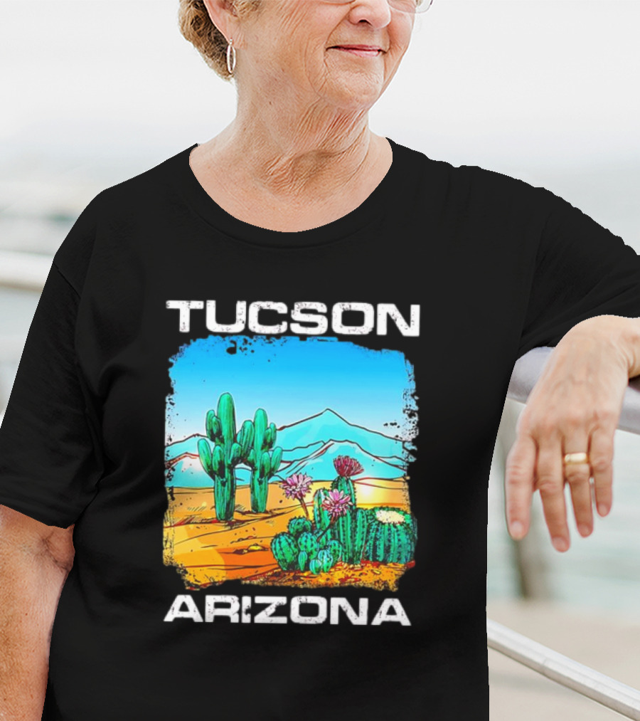Tucson Arizona Retro Desert Scene With Cactus And Mountains T-Shirt
