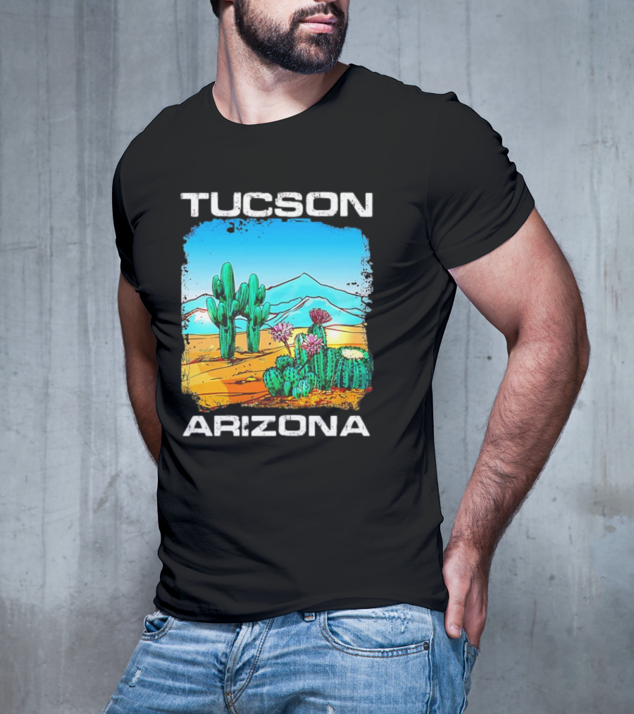 Tucson Arizona Retro Desert Scene With Cactus And Mountains T-Shirt