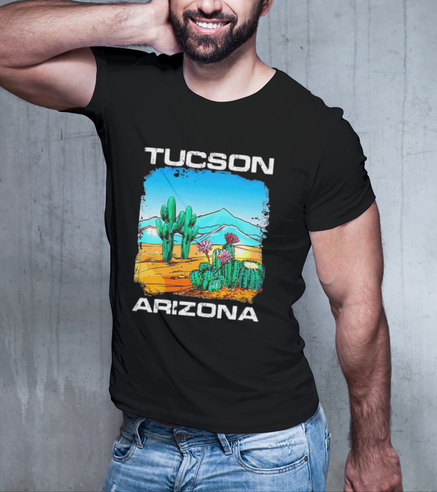 Tucson Arizona Retro Desert Scene With Cactus And Mountains T-Shirt