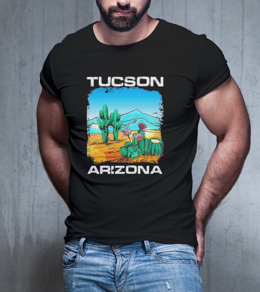 Tucson Arizona Retro Desert Scene With Cactus And Mountains T-Shirt