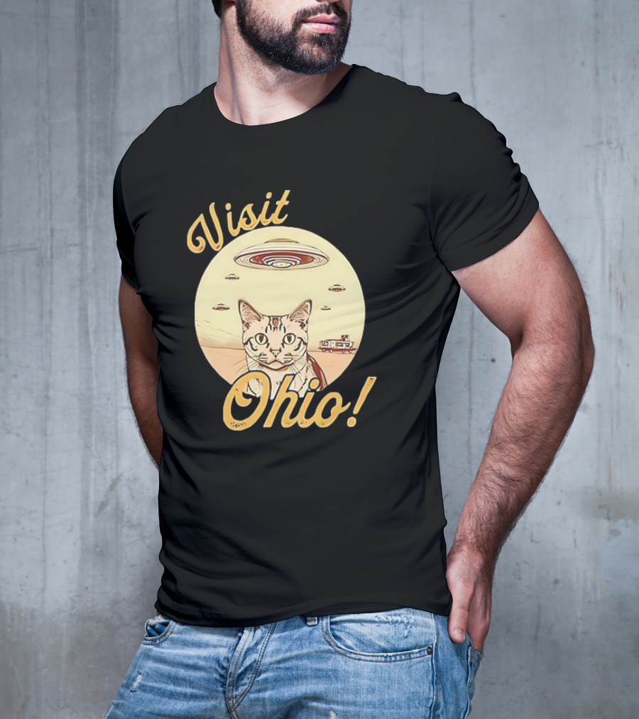 Visit Ohio Cat UFO Alien Spaceship Adventure T-Shirt