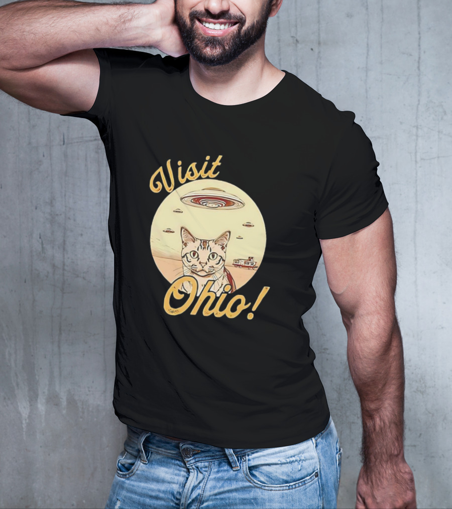 Visit Ohio Cat UFO Alien Spaceship Adventure T-Shirt