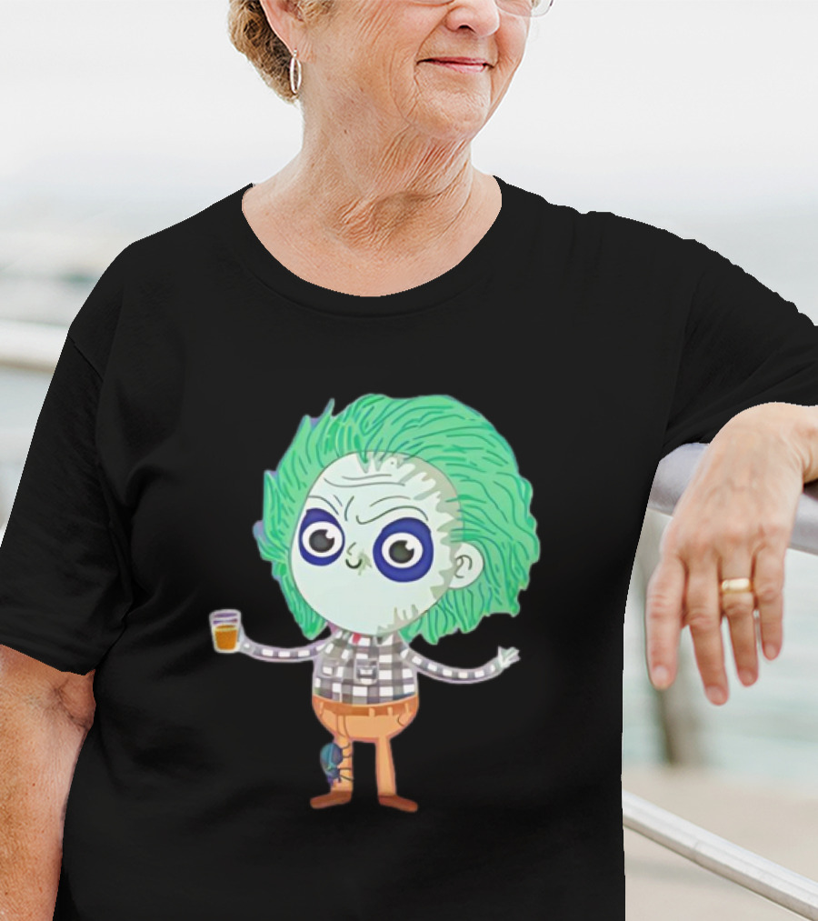 Beetlejuice Ghost Exorcist Cartoon Character With Drink T-Shirt