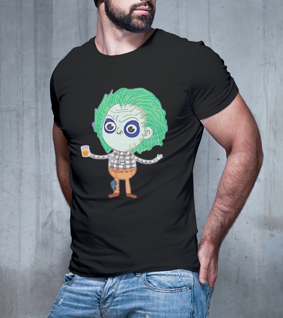Beetlejuice Ghost Exorcist Cartoon Character With Drink T-Shirt