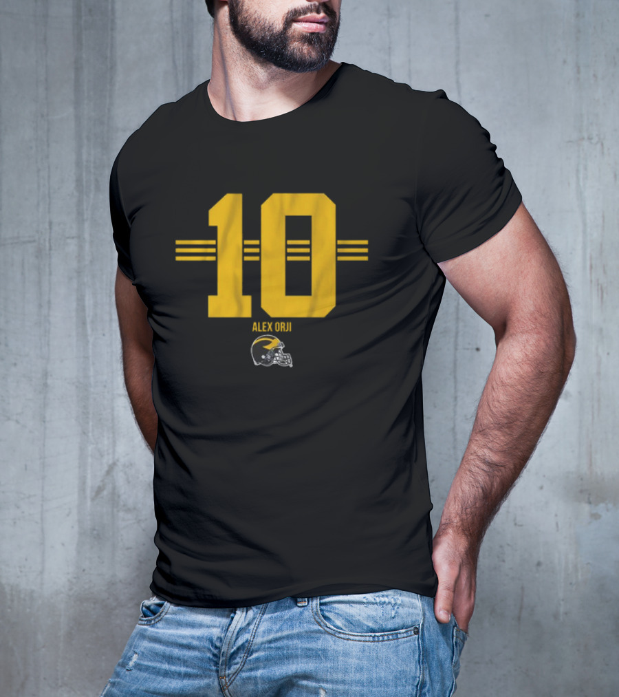 Michigan Football Alex Orji 10 Helmet Stripe T-Shirt