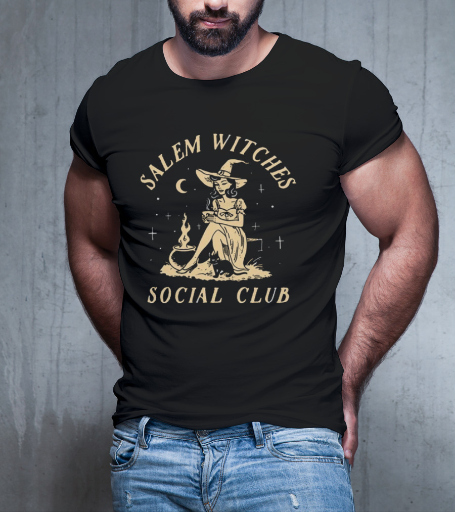 Salem Witches Social Club Moonlit Gathering With Cauldron And Cat T-Shirt