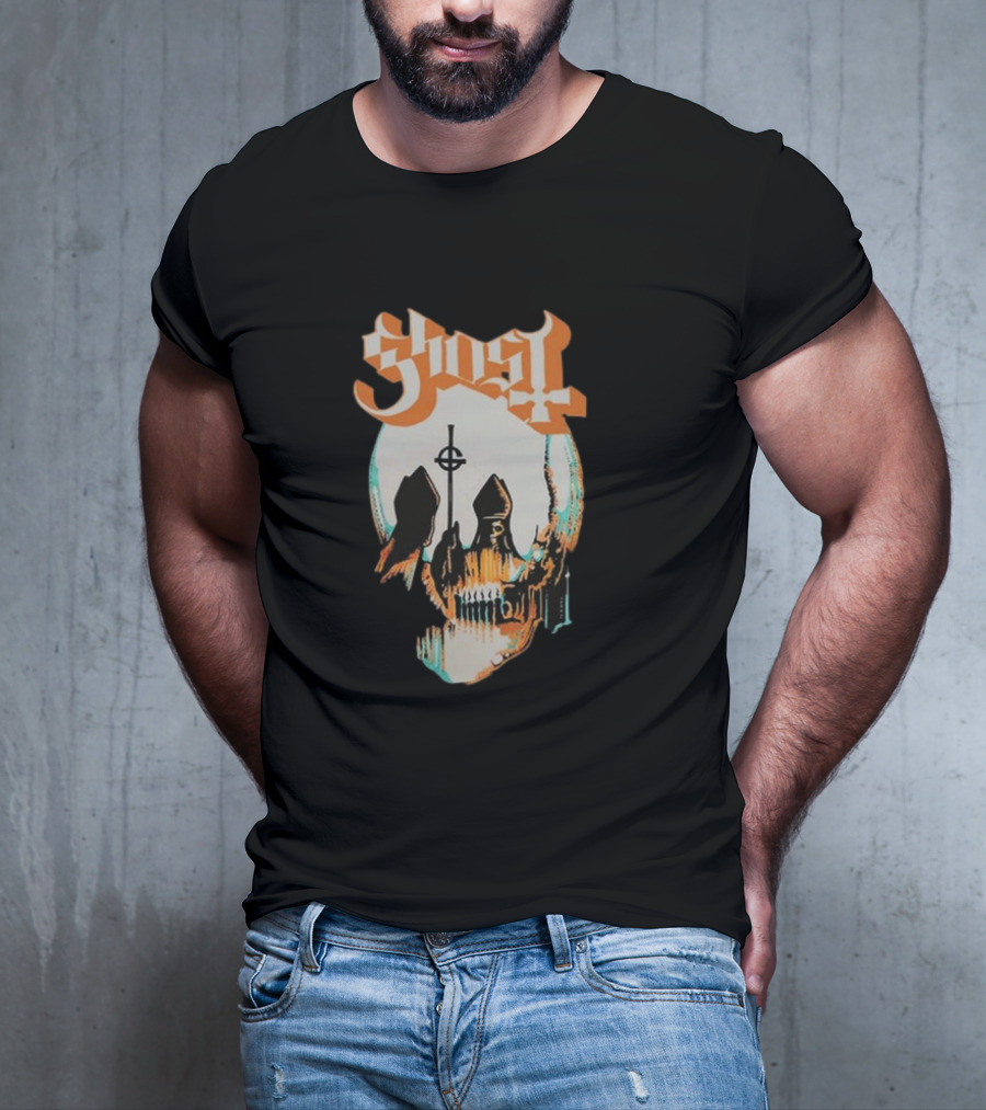 Ghost Band Skull Reflections With Cross And Cathedral Elements T-Shirt