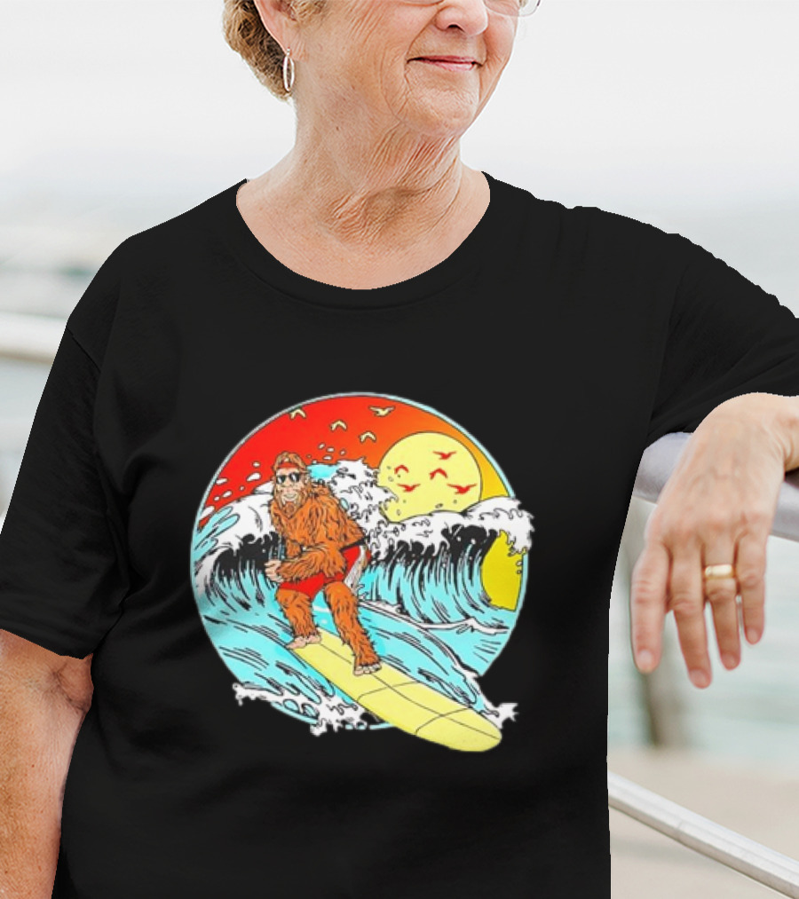 Bigfoot Surfing Sasquatch Retro 80s Beach Waves Sun Fun T-Shirt
