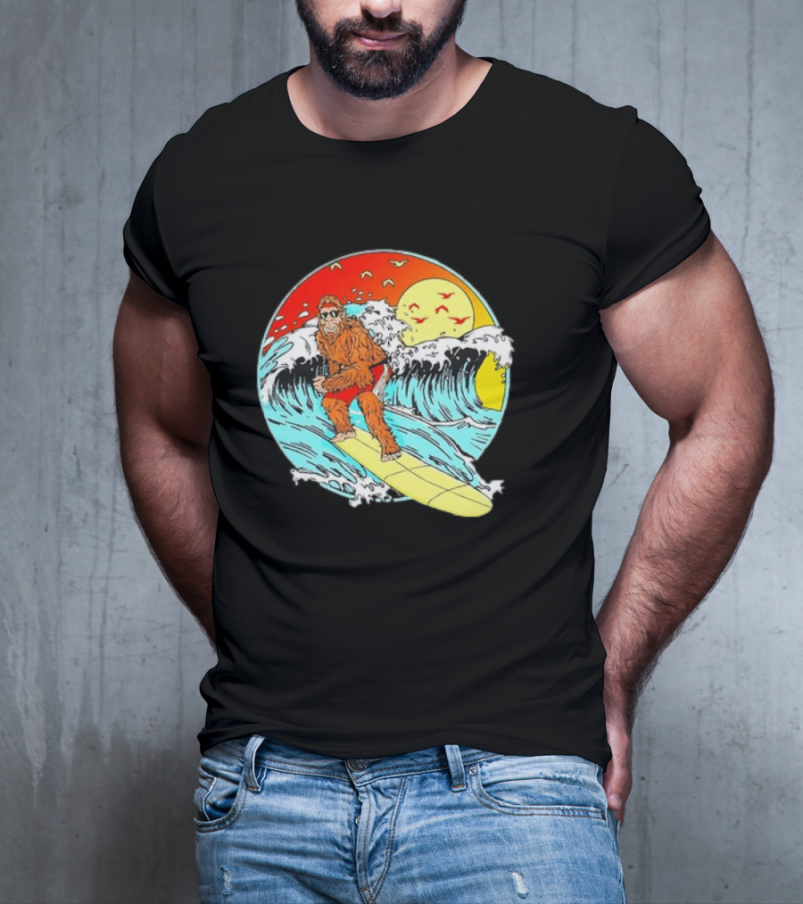 Bigfoot Surfing Sasquatch Retro 80s Beach Waves Sun Fun T-Shirt