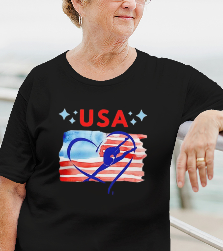 USA Patriotic American Flag Heart Gymnastics T-Shirt