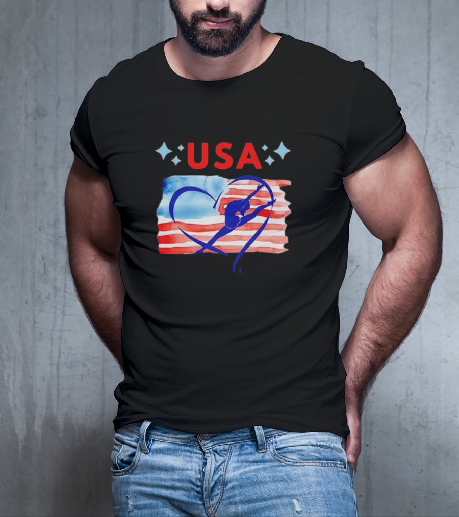 USA Patriotic American Flag Heart Gymnastics T-Shirt
