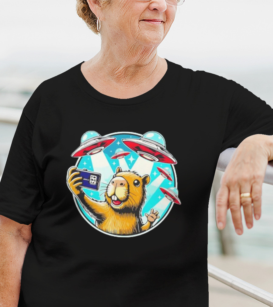 Capybara Taking Selfie With UFO Fleet Overhead T-Shirt