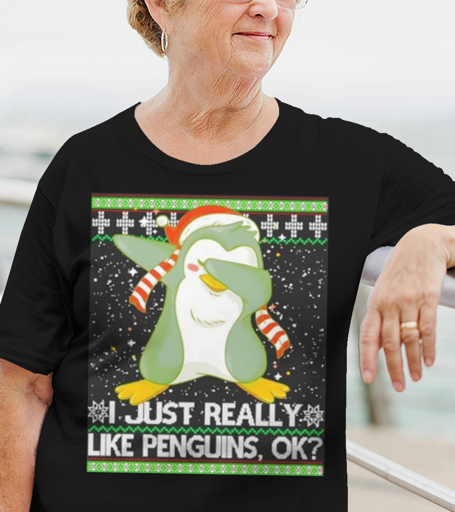 I Just Really Like Penguins Ok Ugly Christmas Cute Dabbing Penguin T-Shirt