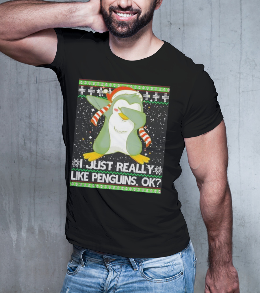 I Just Really Like Penguins Ok Ugly Christmas Cute Dabbing Penguin T-Shirt