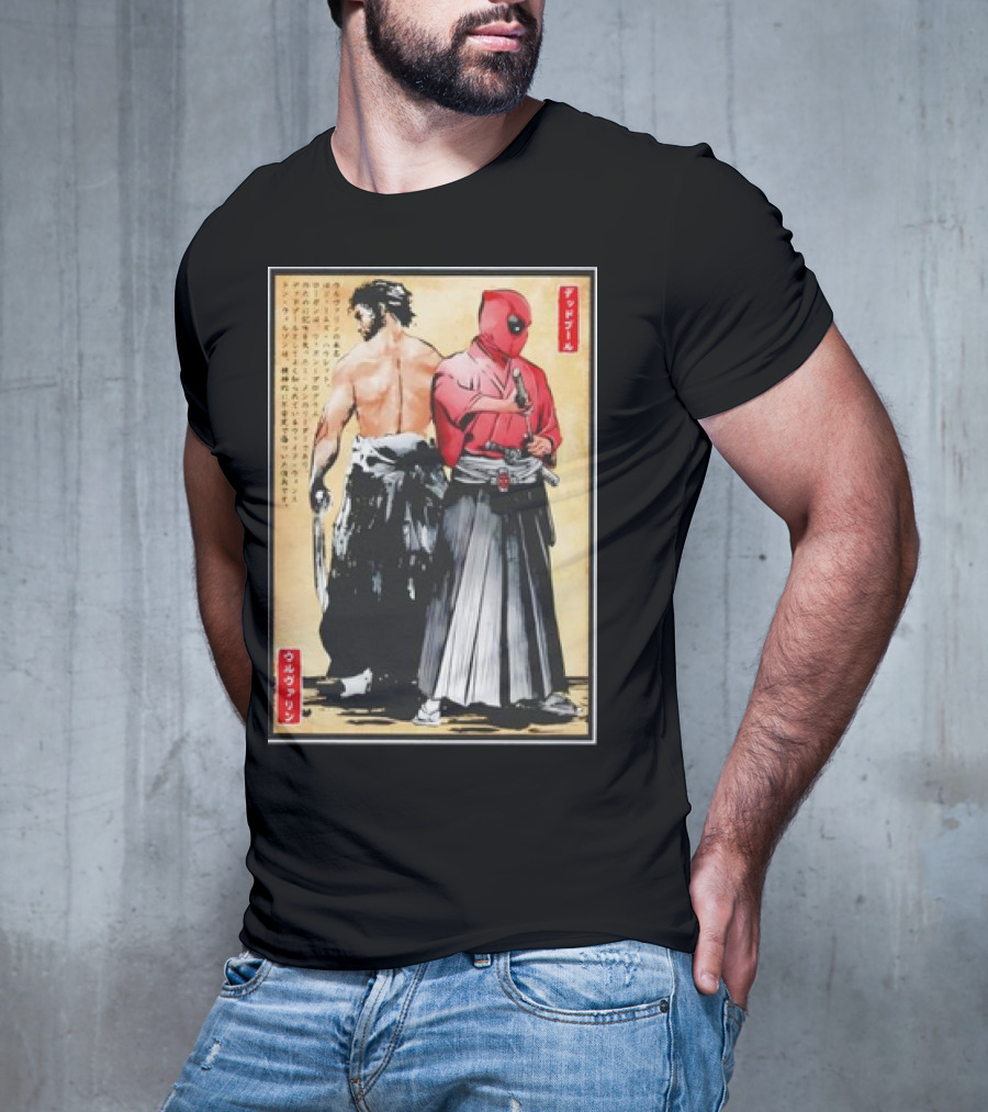 Mutant Samurai And Red Ronin Deadpool Wolverine Woodblock T-Shirt