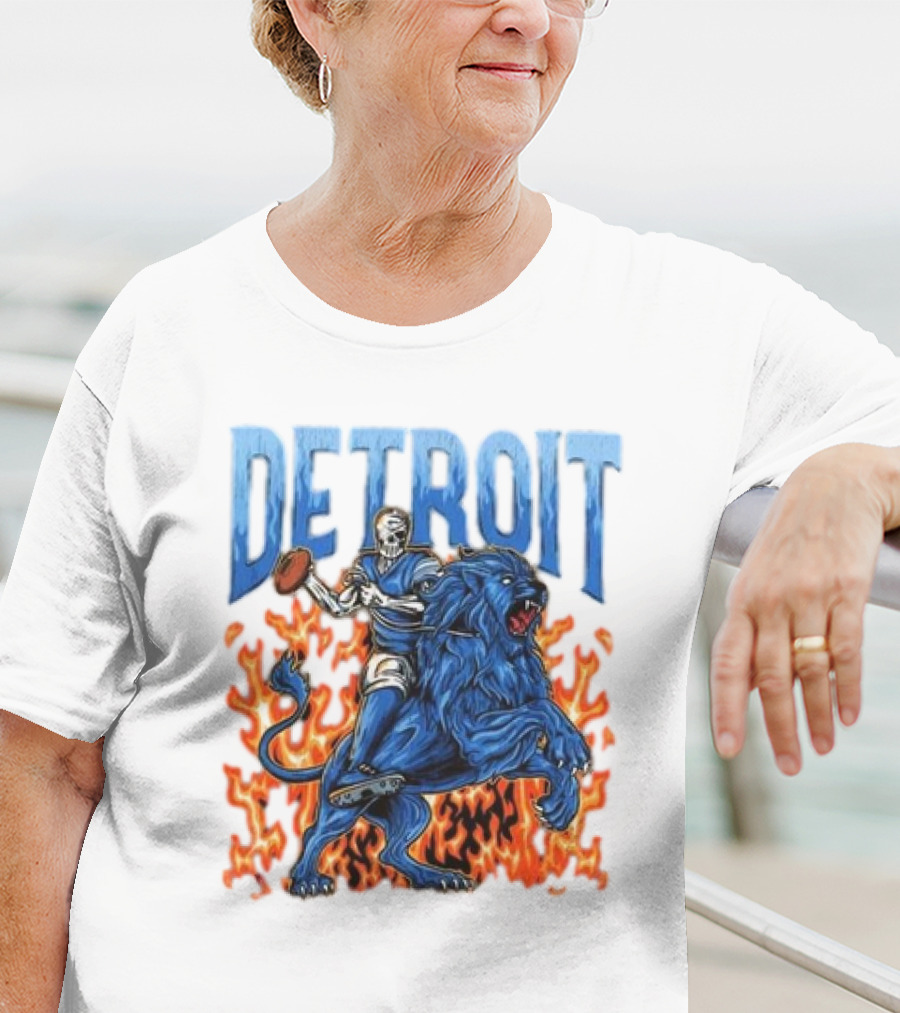 Detroit Lions Skeleton Quarterback Riding Flaming Blue Lion T-Shirt