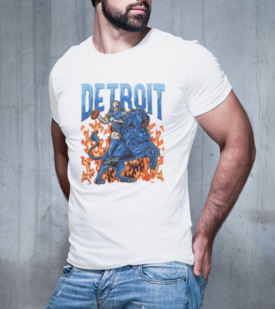 Detroit Lions Skeleton Quarterback Riding Flaming Blue Lion T-Shirt