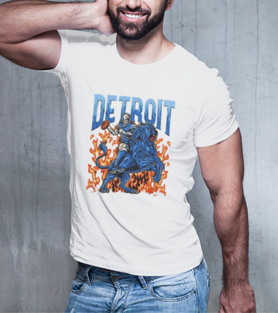 Detroit Lions Skeleton Quarterback Riding Flaming Blue Lion T-Shirt