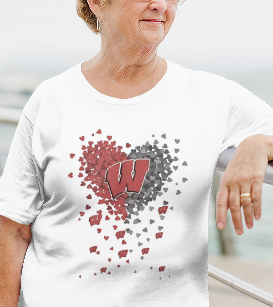 Heart Full Of Wisconsin Badgers Logo With Falling Hearts T-Shirt