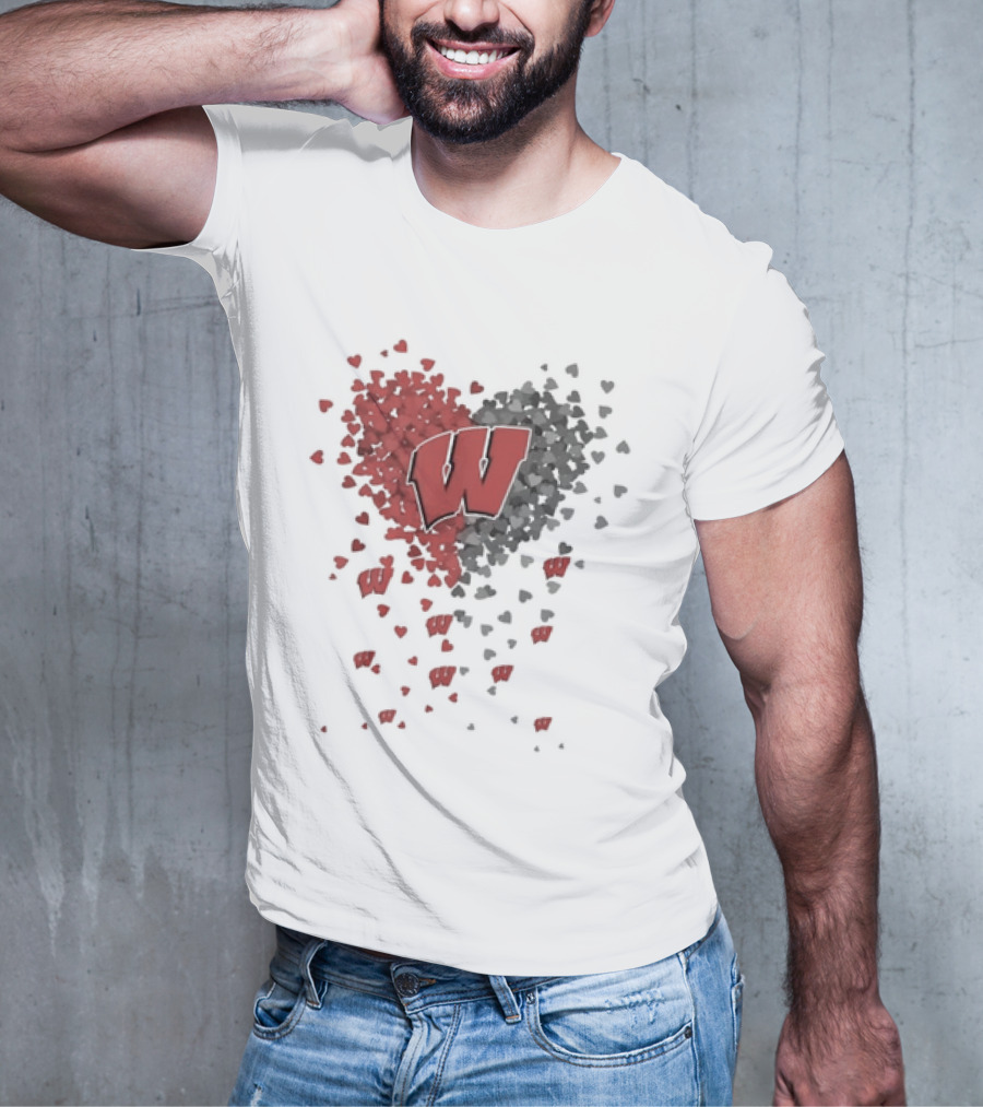 Heart Full Of Wisconsin Badgers Logo With Falling Hearts T-Shirt