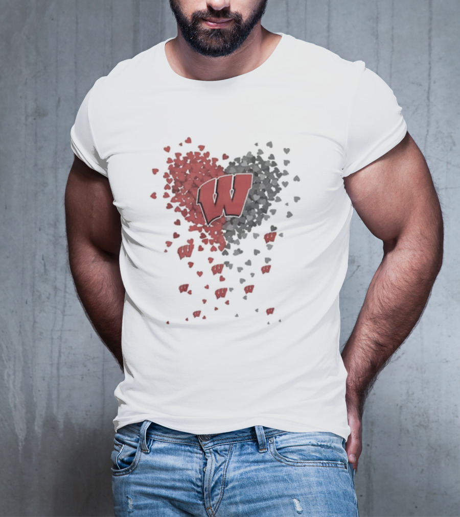 Heart Full Of Wisconsin Badgers Logo With Falling Hearts T-Shirt