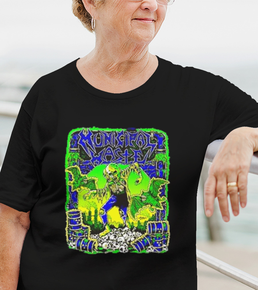Municipal Waste Radioactive Creature With Toxic Barrels And Green Bats T-Shirt