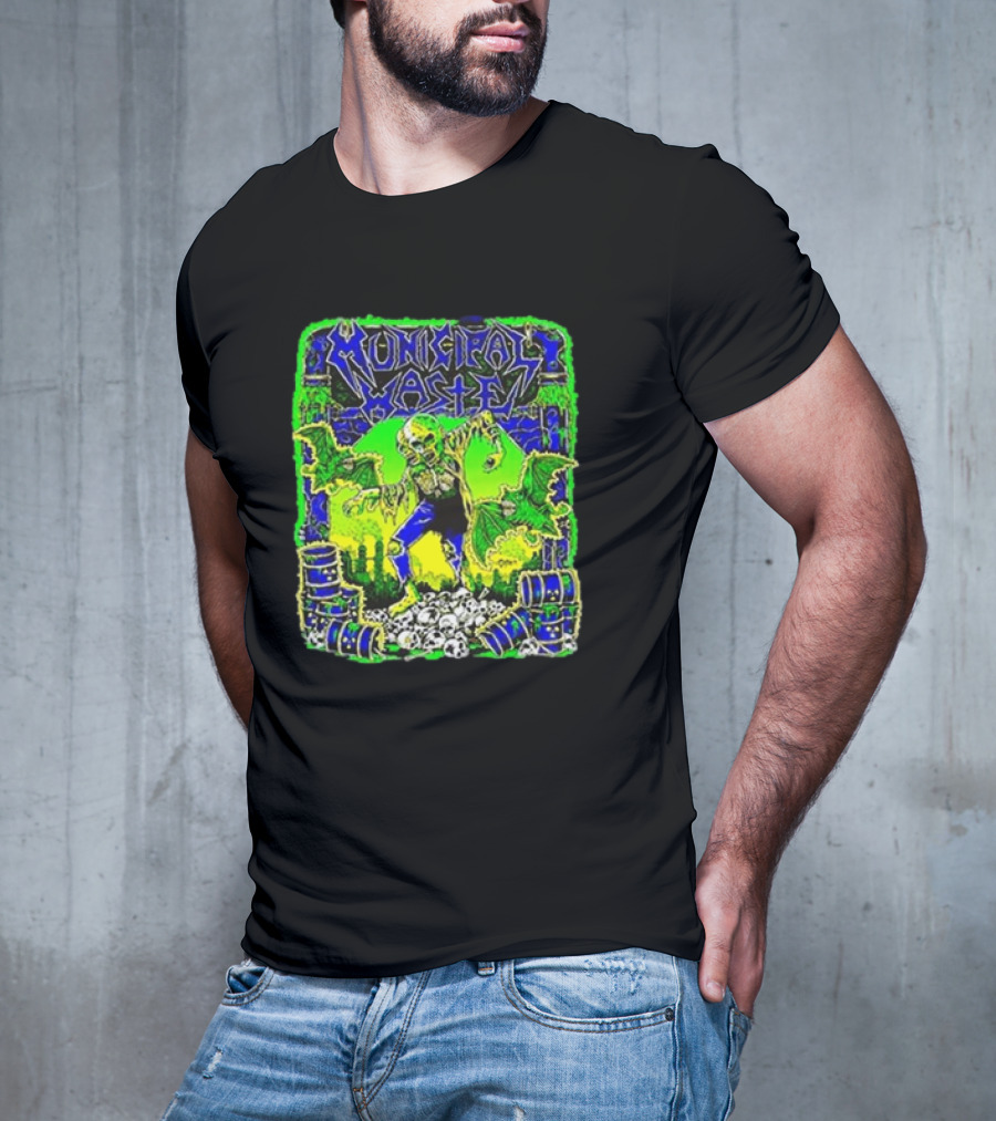 Municipal Waste Radioactive Creature With Toxic Barrels And Green Bats T-Shirt