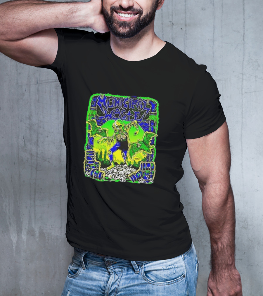 Municipal Waste Radioactive Creature With Toxic Barrels And Green Bats T-Shirt