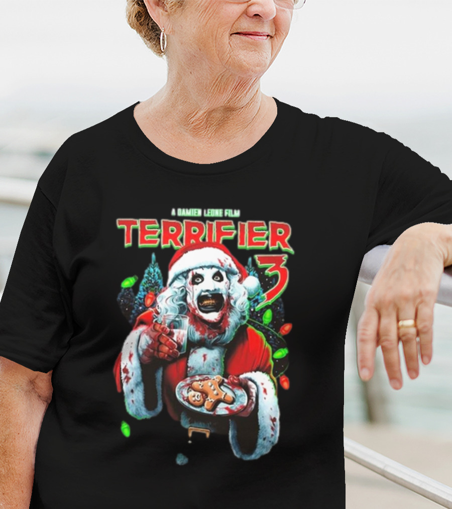Terrifier 3 A Damien Leone Film Christmas With Milk And Carnage Santa Holding Gingerbread And Glass T-Shirt