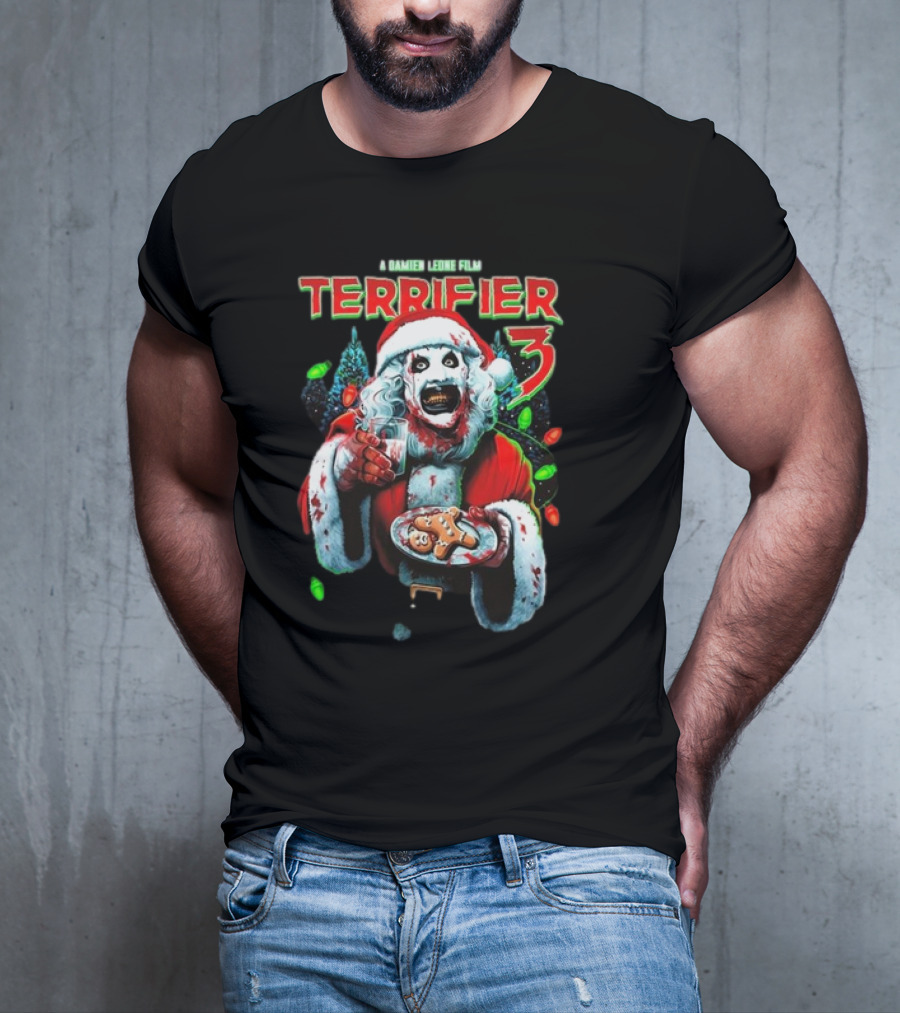 Terrifier 3 A Damien Leone Film Christmas With Milk And Carnage Santa Holding Gingerbread And Glass T-Shirt
