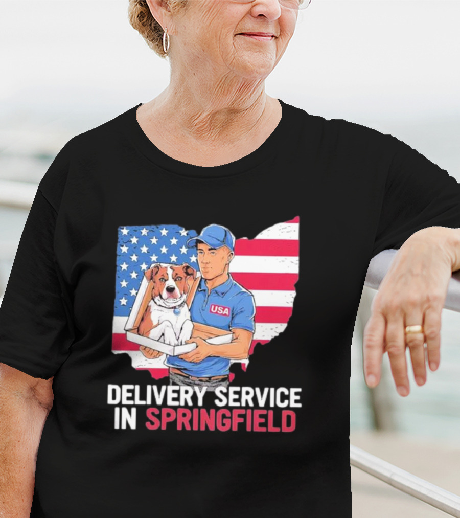 Delivery Service In Springfield USA Dog Parcel Ohio Flag Background T-Shirt