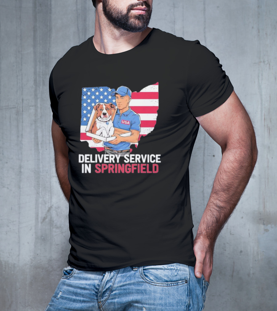 Delivery Service In Springfield USA Dog Parcel Ohio Flag Background T-Shirt