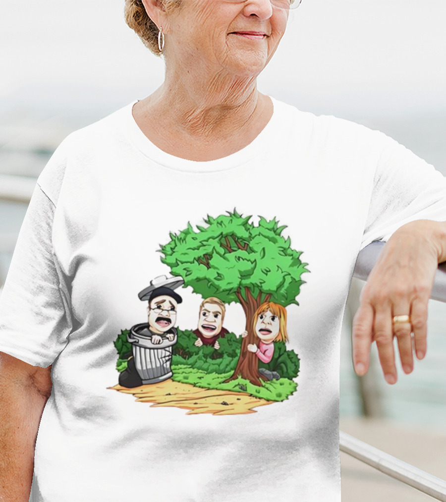 Artem Potokin Little Me Cartoon Characters Hiding Behind Tree And Trash Can T-Shirt