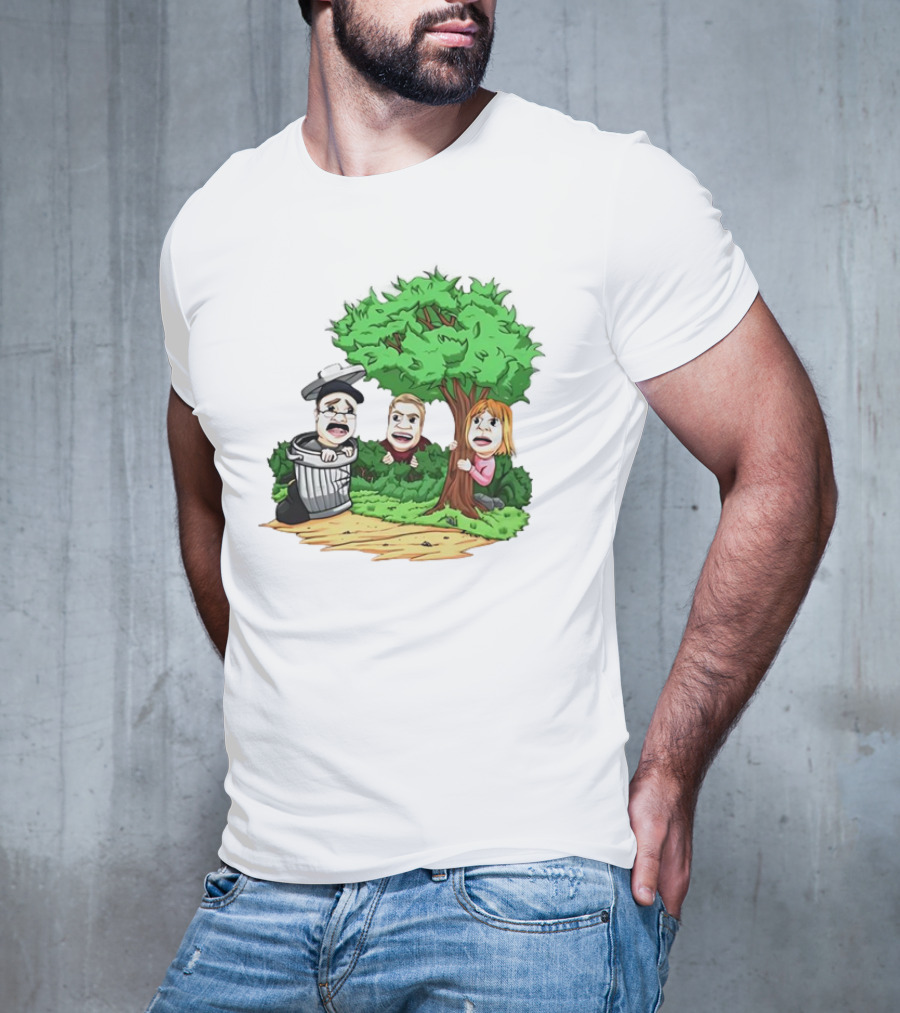 Artem Potokin Little Me Cartoon Characters Hiding Behind Tree And Trash Can T-Shirt