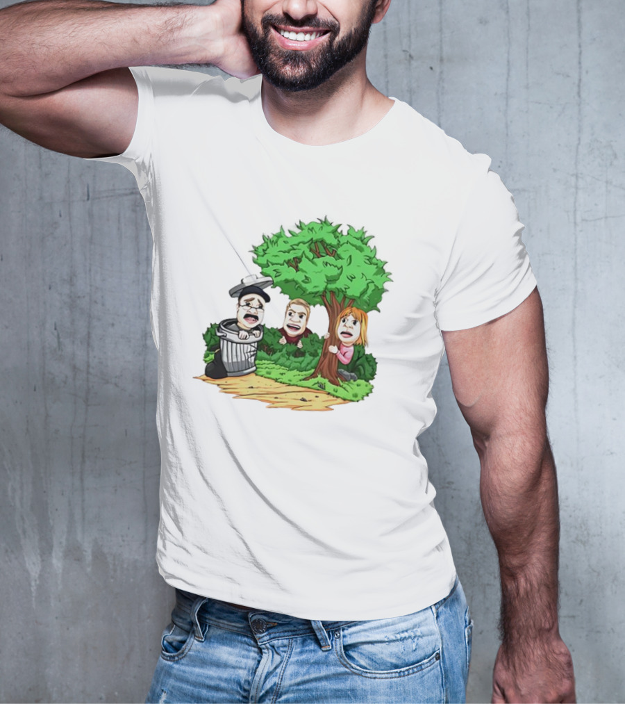 Artem Potokin Little Me Cartoon Characters Hiding Behind Tree And Trash Can T-Shirt