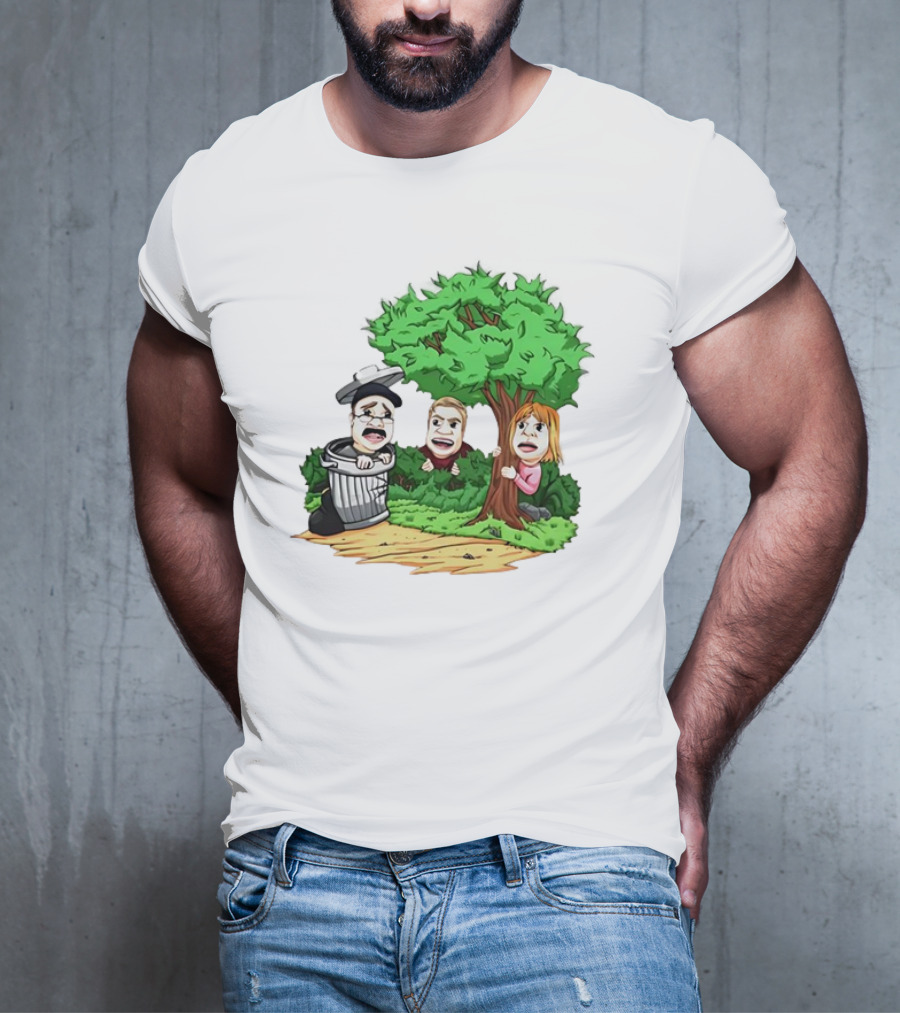Artem Potokin Little Me Cartoon Characters Hiding Behind Tree And Trash Can T-Shirt