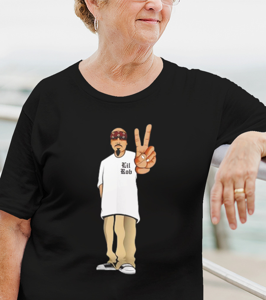 Lil Rob Peace Gesture Cartoon Character With Headband And Bearded T-Shirt