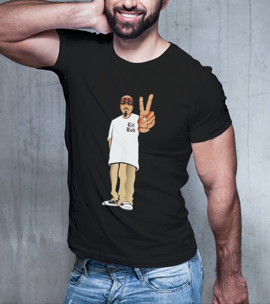 Lil Rob Peace Gesture Cartoon Character With Headband And Bearded T-Shirt