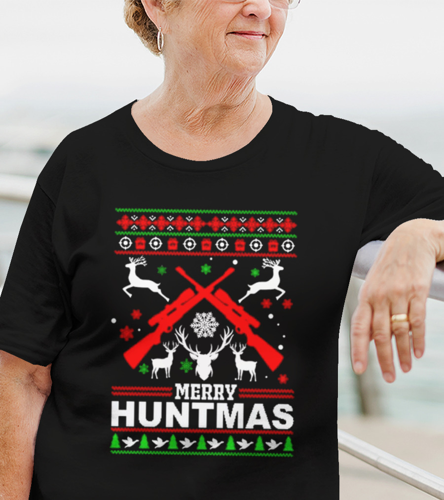 Merry Huntmas Christmas Reindeer Guns And Antlers Holiday T-Shirt
