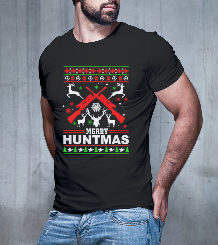 Merry Huntmas Christmas Reindeer Guns And Antlers Holiday T-Shirt