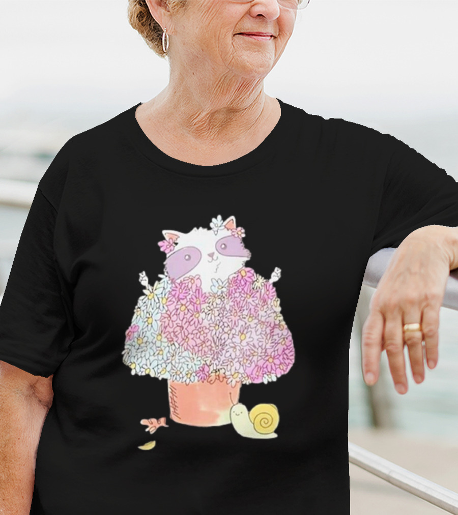 Raccoon In Floral Pot With Snail And Blossoms T-Shirt