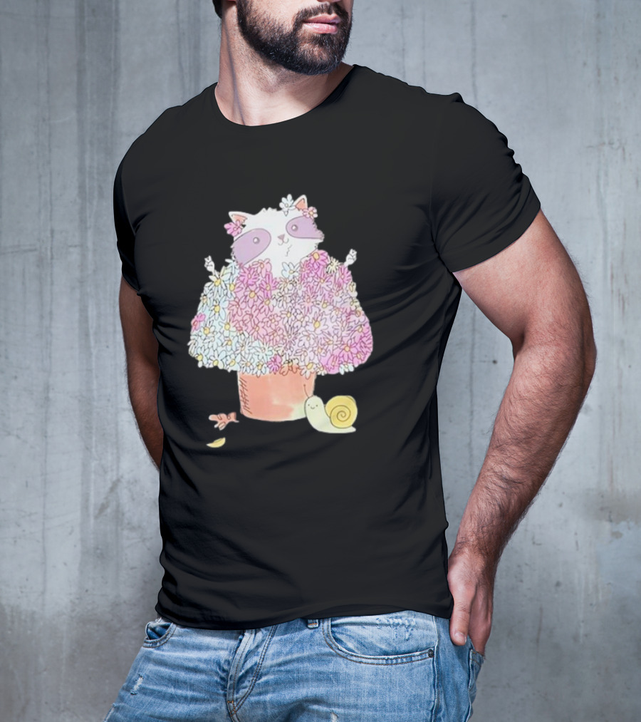 Raccoon In Floral Pot With Snail And Blossoms T-Shirt
