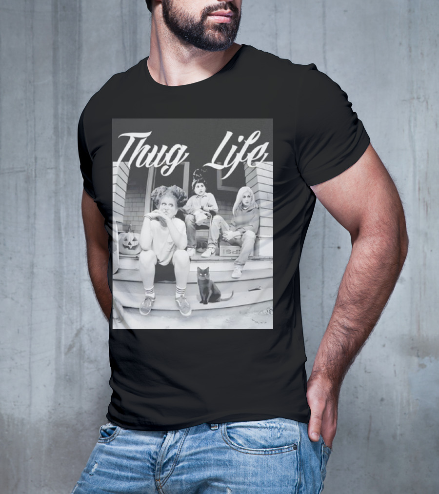 Hocus Pocus Thug Life Witchy Trio With Black Cat And Pumpkin Porch Scene T-Shirt