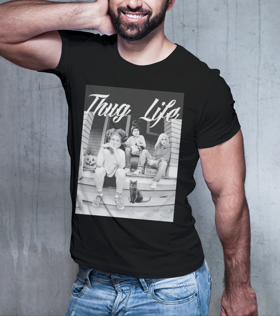 Hocus Pocus Thug Life Witchy Trio With Black Cat And Pumpkin Porch Scene T-Shirt