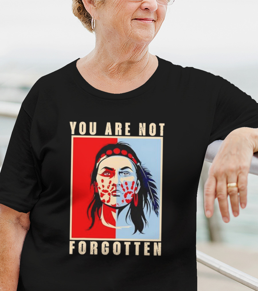 You Are Not Forgotten Awareness Native American Indian Red Handprint Feather Profile T-Shirt