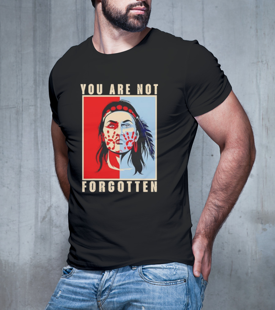 You Are Not Forgotten Awareness Native American Indian Red Handprint Feather Profile T-Shirt