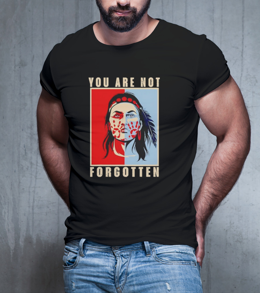 You Are Not Forgotten Awareness Native American Indian Red Handprint Feather Profile T-Shirt