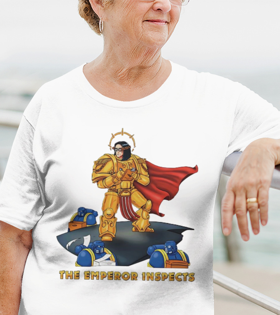The Emperor Inspects Power Armor With Red Cape And Space Soldiers On Dark Platform T-Shirt