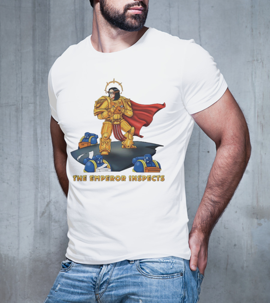The Emperor Inspects Power Armor With Red Cape And Space Soldiers On Dark Platform T-Shirt