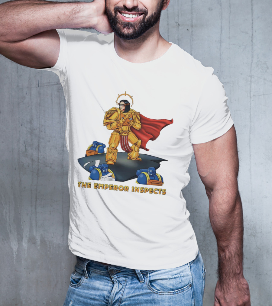 The Emperor Inspects Power Armor With Red Cape And Space Soldiers On Dark Platform T-Shirt